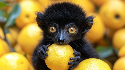 Fototapeta premium Adorable Black Lemur Baby Amongst Oranges