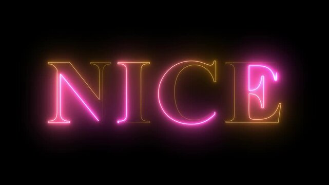 Nice neon text animation. Glowing neon sign Nice on black background. neon sign Nice icon.