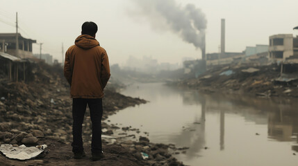 Wide angle view of a concerned asian man observing a polluted canal and industrial wasteland