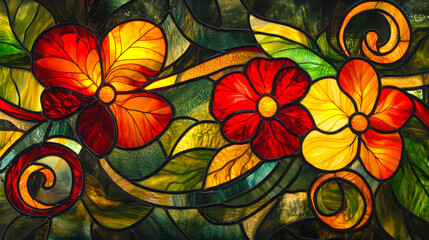 Stained glass artwork showcasing vibrant floral and leaf designs art