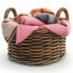 Woven basket filled with colorful fabric linens displayed on a white background