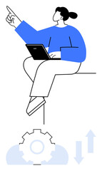 Person using laptop while gesturing upwards. Cloud with gear and arrows illustrate innovation, technology, progress. Ideal for teamwork, training, planning, leadership, strategy growth flat simple