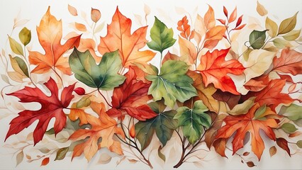 A watercolor illustration featuring a cluster of vibrant, multi-colored leaves
