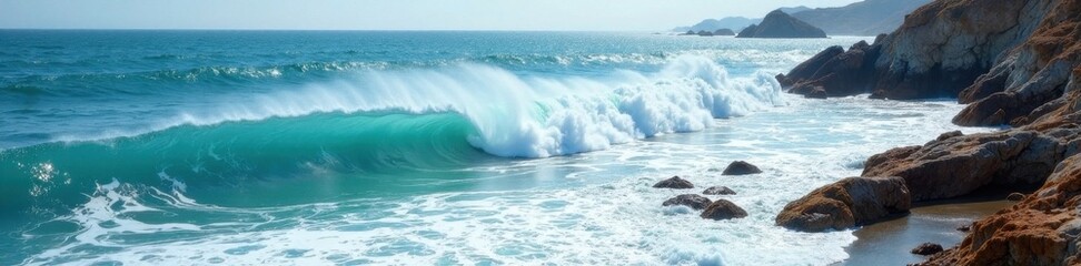 White capped waves rolling onto a rocky coastline, wild, grey, image