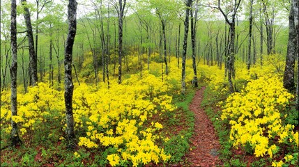 Forest scene. Narrow dirt path amidst vibrant yellow wildflowers and trees in a lush green forest setting