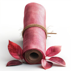 Rolled decorative fabric with twine and red leaves on a white background