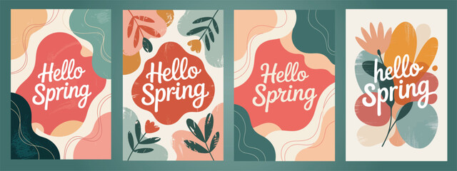 Naklejka premium Pastel Spring Vector Poster With Warm Tones Mint Green, Pink, Red Abstract Shapes