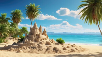 A scenic beach view featuring two sandcastles on a sandy shoreline, with a backdrop of turquoise ocean water and a clear blue sky dotted with fluffy white clouds