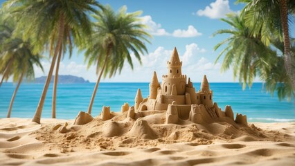 A scenic beach view featuring two sandcastles on a sandy shoreline, with a backdrop of turquoise ocean water and a clear blue sky dotted with fluffy white clouds