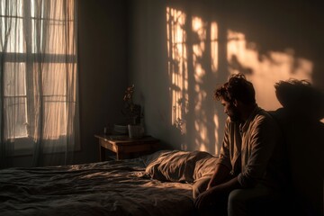 A solitary man sits on the edge of a bed, lost in thought. The warm light of the evening casts shadows, filling the room with a reflective atmosphere Generative AI