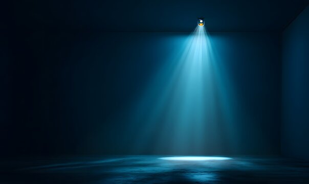 A single spotlight shining in a dark blue room illuminating the floor with a beam of light