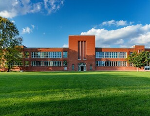 exterior of a modern red brick high school building with large windows and a green grass lawn in front in the background is a blue sky with white clouds