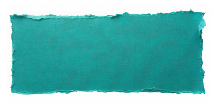 A vibrant teal torn paper strip with rough edges, set against a clean background, perfect for showcasing creativity in design and crafts.