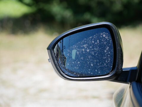 car side rear mirrow in sunny weather with dry dirt from dusty raindrops