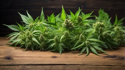A wooden table surface features vibrant green cannabis leaves and buds on the left side