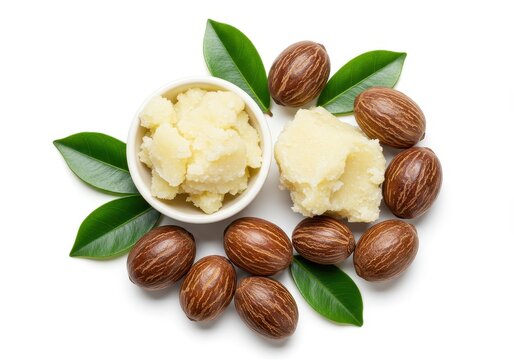 Whole shea nuts with creamy shea butter and green leaves on a minimal white background in bright lighting