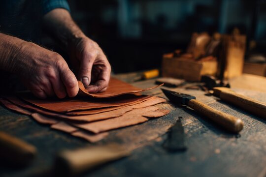 Hands work meticulously with leather pieces on a wooden table surrounded by tools in a well-lit workshop, showcasing artisanal craftsmanship Generative AI