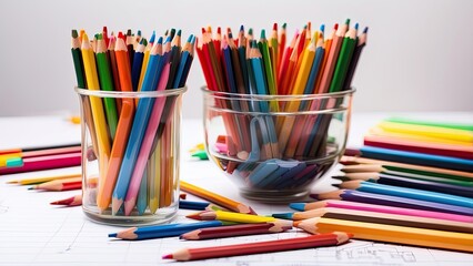 A close-up view of a variety of colored pencils arranged in a metal cup