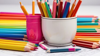 A close-up view of a variety of colored pencils arranged in a metal cup