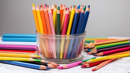 A close-up view of a variety of colored pencils arranged in a metal cup