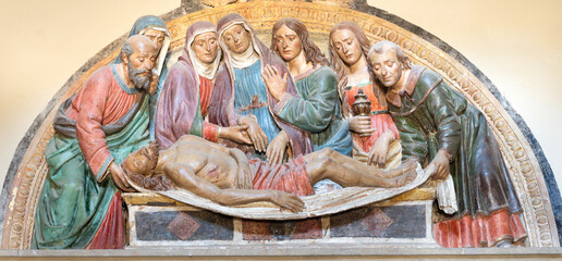 FLORENCE, ITALY - MARCH 19, 2025: The renaissance sculptural group (terracotta) of Burial of Jesus...