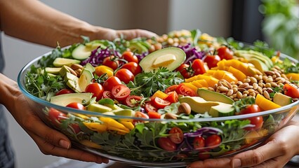 A person holds a large glass bowl filled with a colorful salad