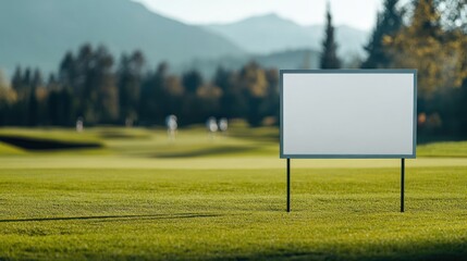 Blank banner or yard sign on a golf course, blurred golfers in the background, showcasing a customizable advertising space during a tournament