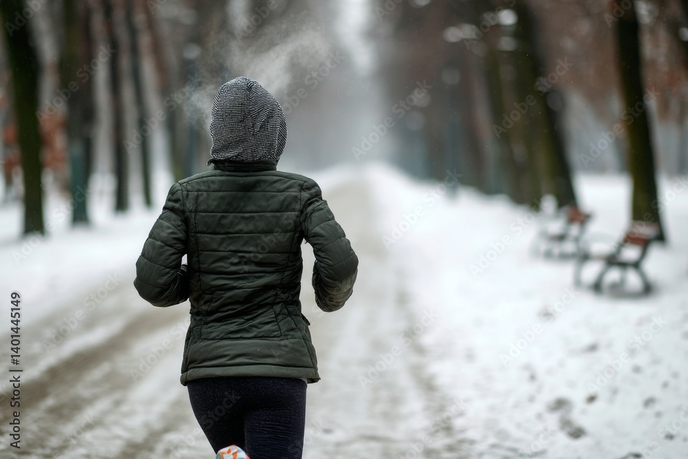 Poster a jogger in warm attire runs along a snowy trail, flanked by leafless trees in a peaceful winter set