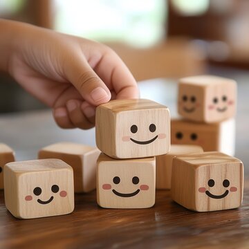 Hand choosing happy smile face wooden block, good feedback rating and positive customer review, mental health assessment, child wellness,world mental health day, think positive.