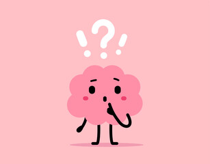 Vector illustration of cute cartoon happy brain kid character with question and exclamation mark on pink color background. Flat doodle design style of think brain character ask question