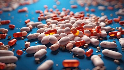 A 3D illustration depicting a large, translucent capsule filled with colorful pills, set against a blurred backdrop of microscopic virus particles and cells
