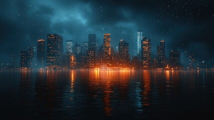 Fototapeta premium Night Cityscape Reflection: A mesmerizing view of a modern city at night, reflecting in calm waters under a starry sky.