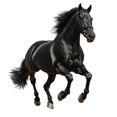 Fototapeta premium Dynamic black horse running in nature action photography view. Isolated on transparent background, png.