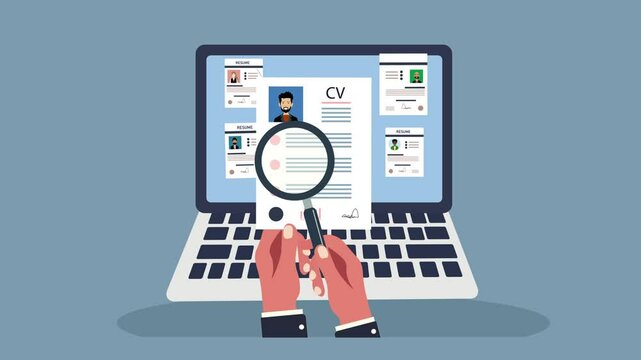 Recruitment process Concept. Businessman's hands holding CV Document and using A magnifying glass Over candidate Resume on laptop screen, Flat design Animation, copy space.