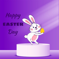 Adorable cartoon bunny with Easter egg standing on podium with festive Happy Easter Day message. Greeting card, poster. Vector art