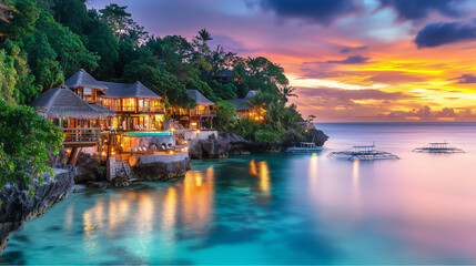 Fototapeta premium Sunset color fair at island resort, colorful evening sky view by the sea, sunset on tropical island, island evening resort under colorful sky, tropical evening island color