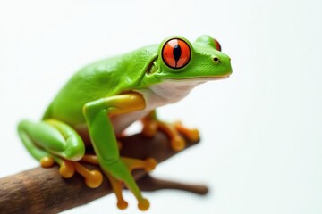 Obraz premium Green tree frog perched on white, vibrant skin, green frog, vibrant, wildlife