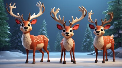 A cheerful cartoon reindeer with large, playful antlers and a bright red nose