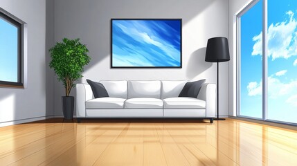 Fototapeta premium Modern Living Room with White Sectional Sofa and Blue Artwork - Relaxing living room, serene atmosphere, minimalist design, sunlight streaming, comfortable seating