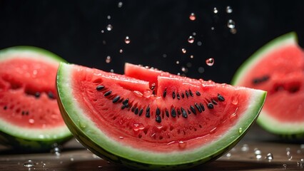 A vibrant slice of watermelon, with three triangular pieces arranged around a whole section