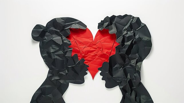 A paper cutout of two heads with a heart in between, broken into pieces. The artwork features black