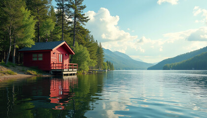 Fototapeta premium Serene Lakeside Cabin Retreat