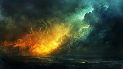 Obraz premium A dramatic sky with dark clouds and a burst of orange and teal light over a dark ocean surface
