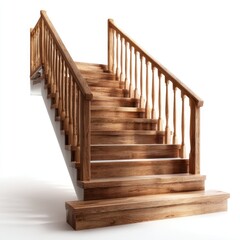 A wooden staircase with railing against isolated on white background