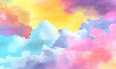 A pastel painting of fluffy clouds with yellow blue pink and purple hues in a dreamy abstract style