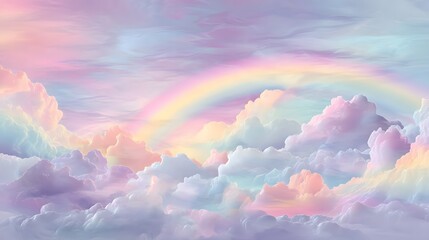 Pastel colored clouds with a rainbow arching across the sky in a dreamy and ethereal aesthetic