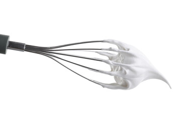 Whisk with delicious cream isolated on white