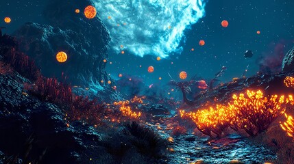 Alien Planet Landscape Night Scene Fantasy Art Digital Painting Vibrant Orange Glowing Plants Dark Blue Sky Mysterious Atmosphere Sci Fi Artwork      