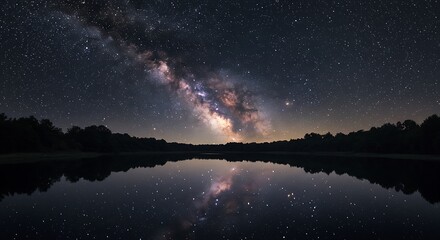 Fototapeta premium Night sky filled with stars and the Milky Way over a calm lake, reflection on the water, silhouette of trees in the background.