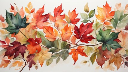 A watercolor illustration featuring a cluster of vibrant, multi-colored leaves